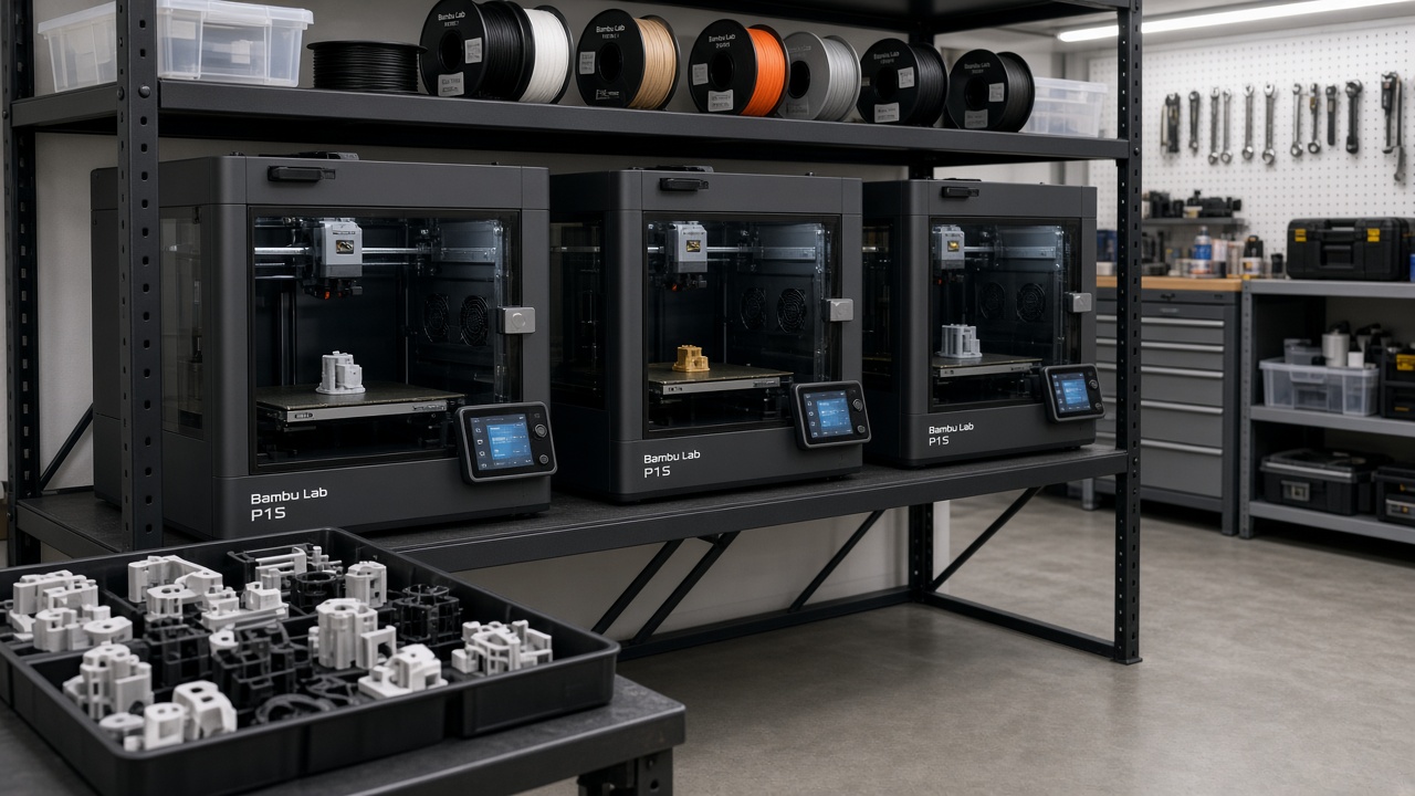 Multiple FDM 3D printers arranged as a print farm