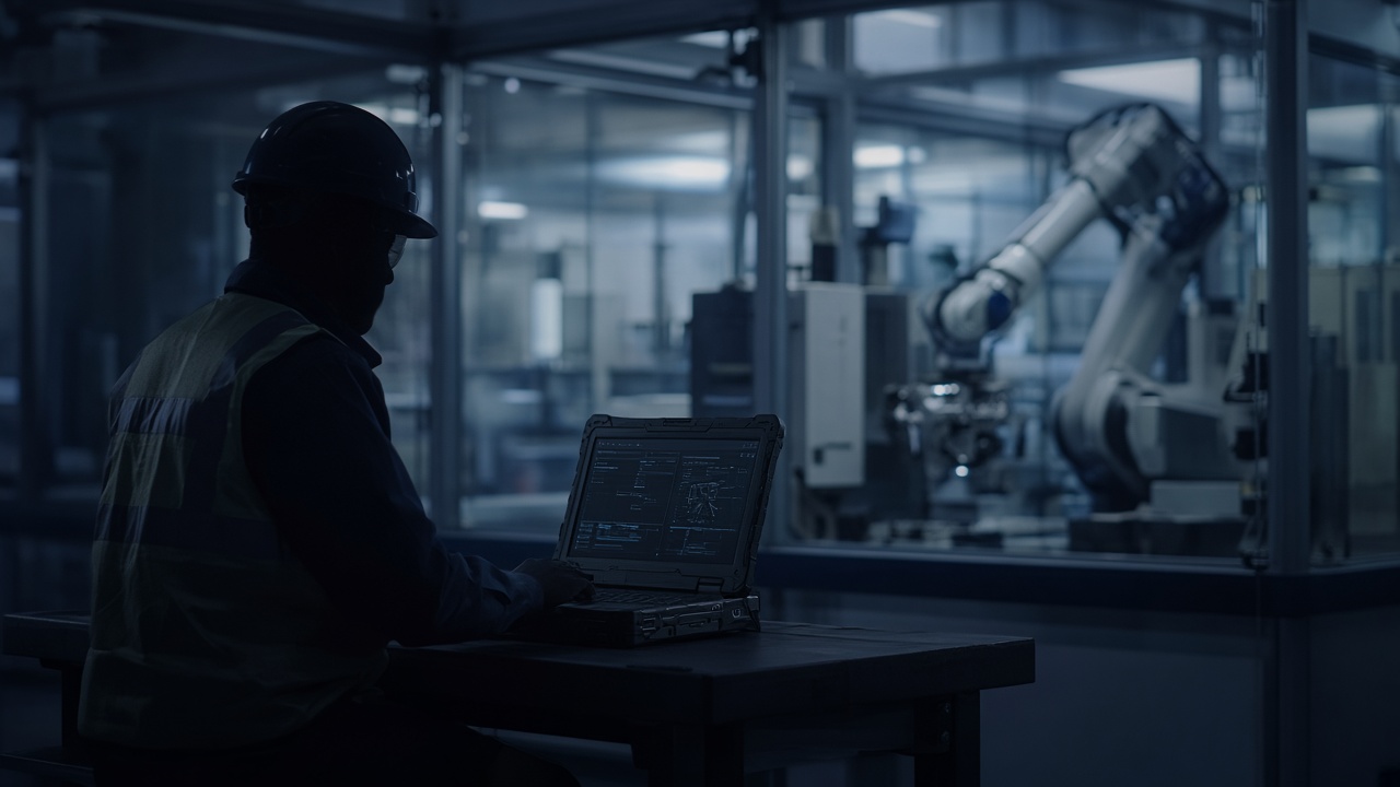 Forward deployed engineer working alongside operators at a robotics cell